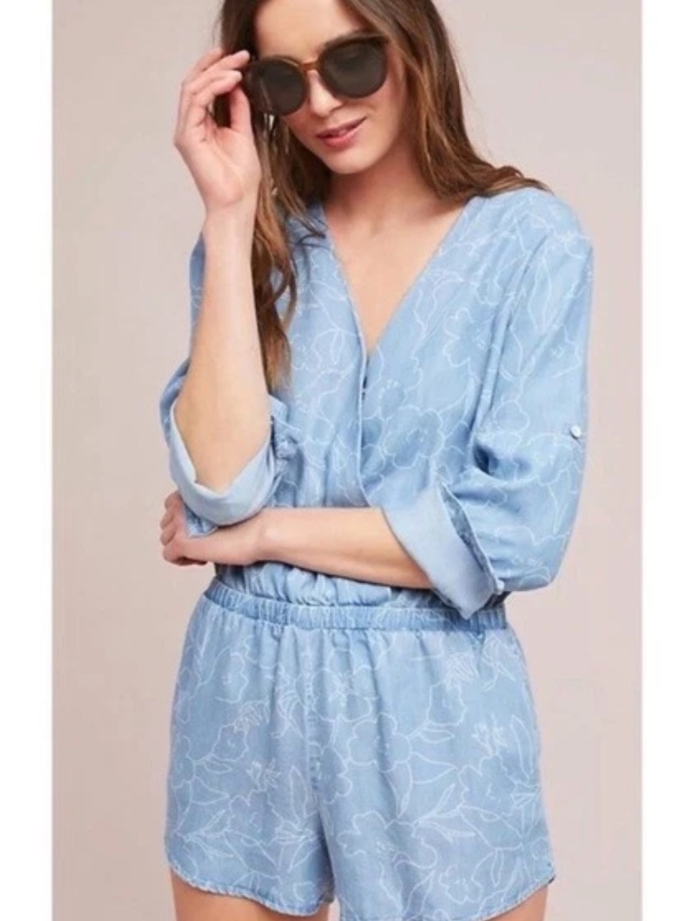 Anthropology Cloth & Stone Blue Floral Cross Wrap topRomper
